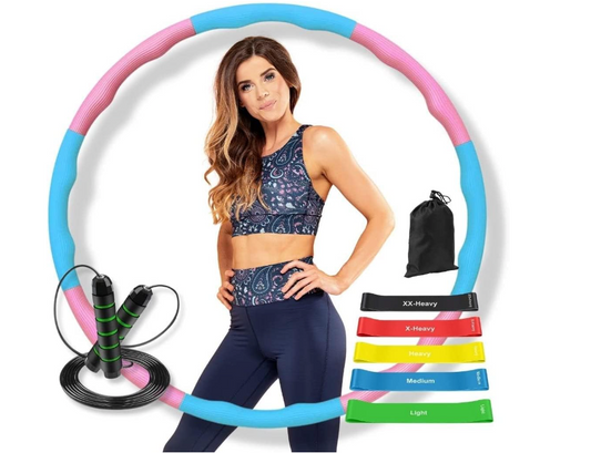 Weighted Hula Hoop with 28 Detachable Knots, Adjustable 360°Auto-Spinning Ball Exercise, Ideal for Fitness, Weight Loss Massage, Comes with Jumping Rope& 4 Resistant Bands, Adults. Kids
